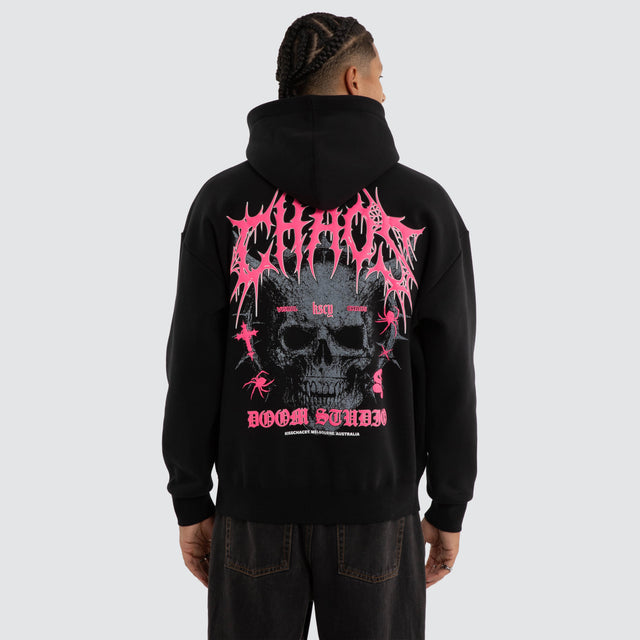 Model wears Glitch Oversized Hoodie Jet Black Hoodies Black – image 2