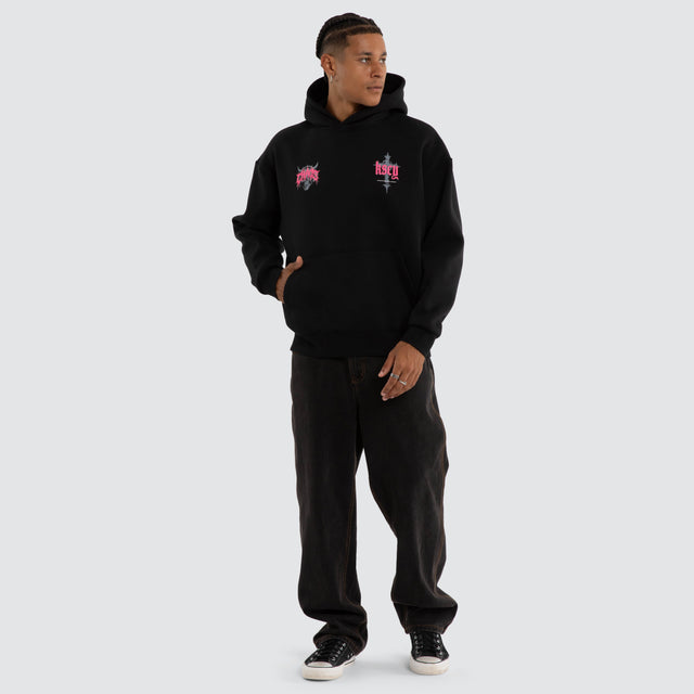 Model wears Glitch Oversized Hoodie Jet Black Hoodies Black – image 3