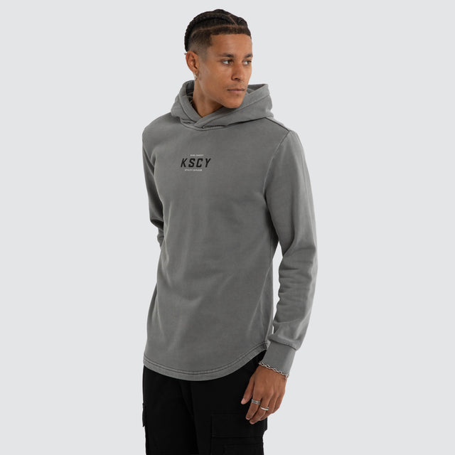 Model wears Void Dual Curved Hoodie Pigment Steel Grey Hoodies Grey – image 5
