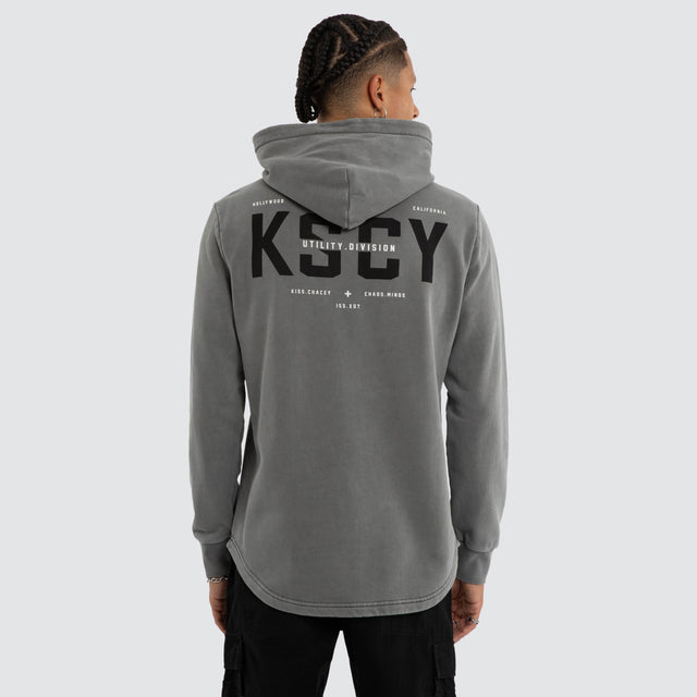Model wears Void Dual Curved Hoodie Pigment Steel Grey Hoodies Grey – image 1