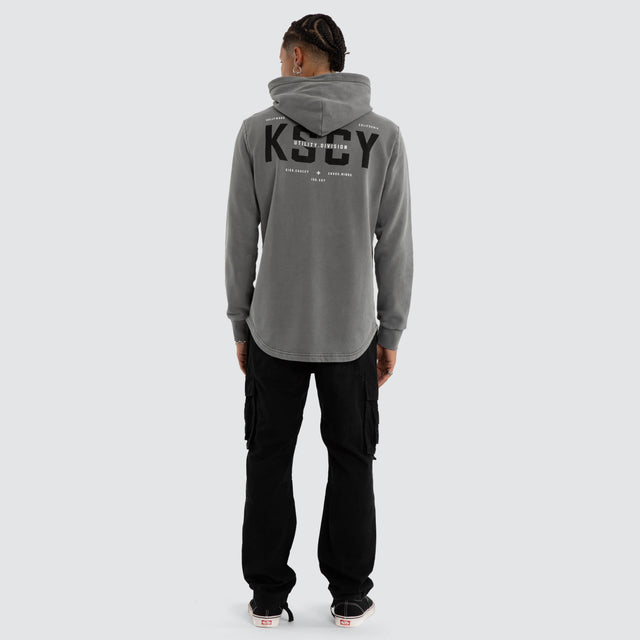 Model wears Void Dual Curved Hoodie Pigment Steel Grey Hoodies Grey – image 4
