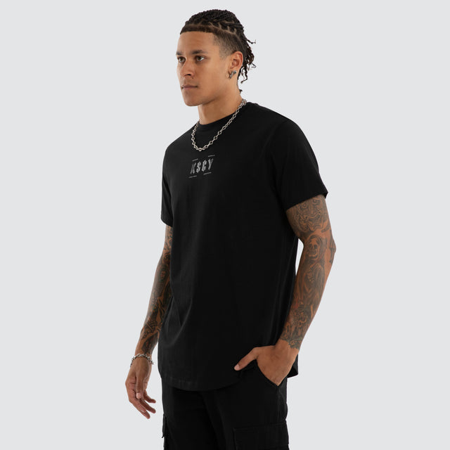 Model wears Encryption Dual Curved Tee Jet Black T-Shirts Black – image 3