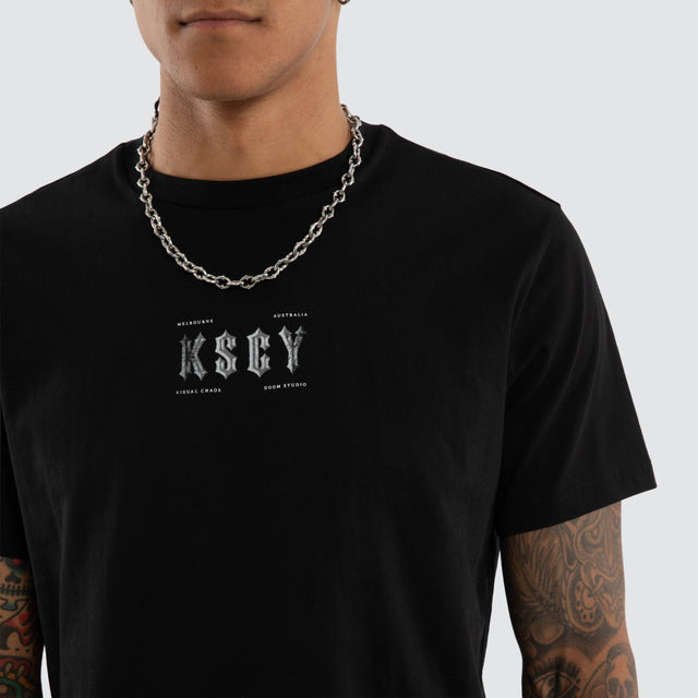 Model wears Encryption Dual Curved Tee Jet Black T-Shirts Black – image 4