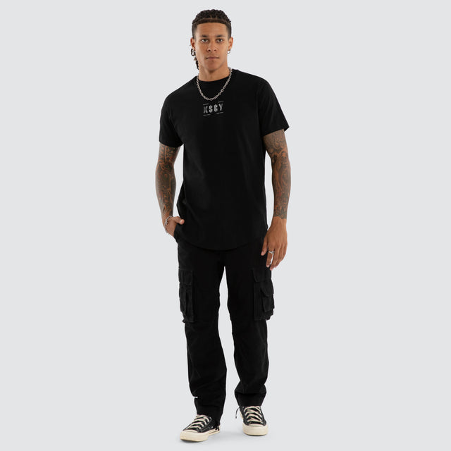 Model wears Encryption Dual Curved Tee Jet Black T-Shirts Black – image 2