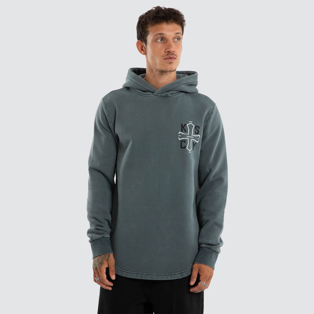 Model wears Tension Dual Curved Hoodie Pigment Stormy Weather Hoodies Grey – image 3