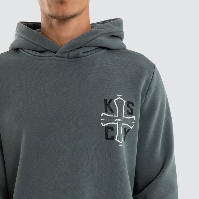 Model wears Tension Dual Curved Hoodie Pigment Stormy Weather Hoodies Grey – image 4