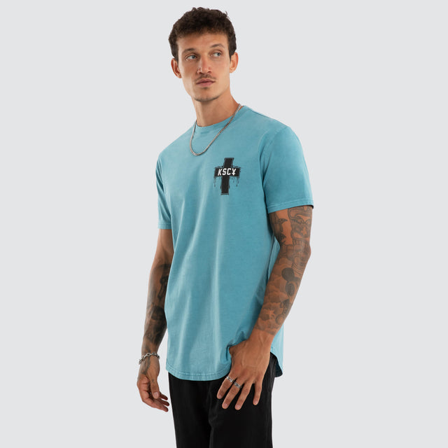 Model wears Ritualistic Dual Curved Tee Pigment Cameo T-Shirts Blue – image 3