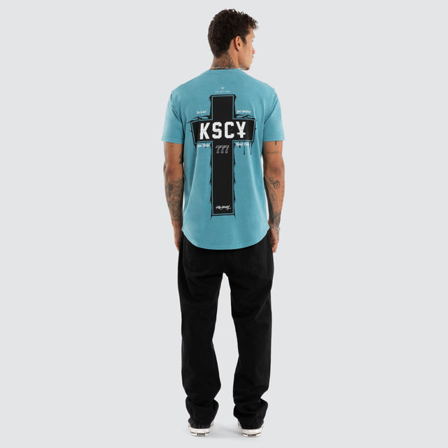 Model wears Ritualistic Dual Curved Tee Pigment Cameo T-Shirts Blue – image 5