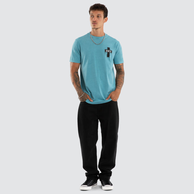 Model wears Ritualistic Dual Curved Tee Pigment Cameo T-Shirts Blue – image 2