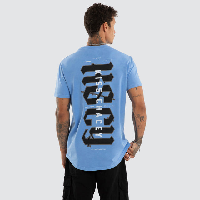 Model wears Severance Dual Curved Tee Pigment Corn Flower T-Shirts Blue – image 3