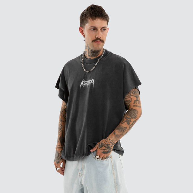 Model wears Norse Cut Off Muscle Mineral Snow Black Muscle Tees Black – image 3