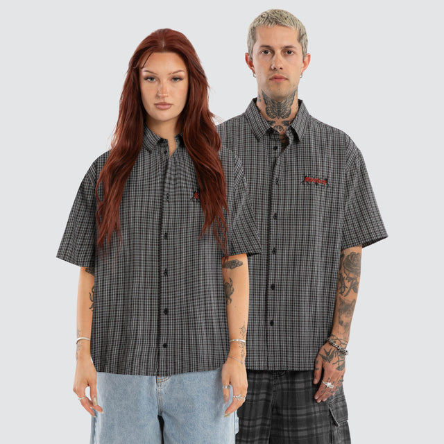 Devotion Button Up Short Sleeve Shirt Black Check