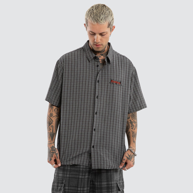 Devotion Button Up Short Sleeve Shirt Black Check