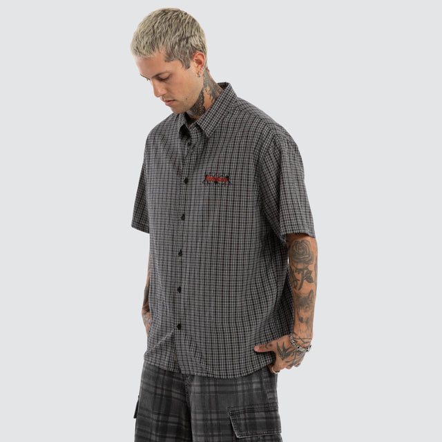 Devotion Button Up Short Sleeve Shirt Black Check