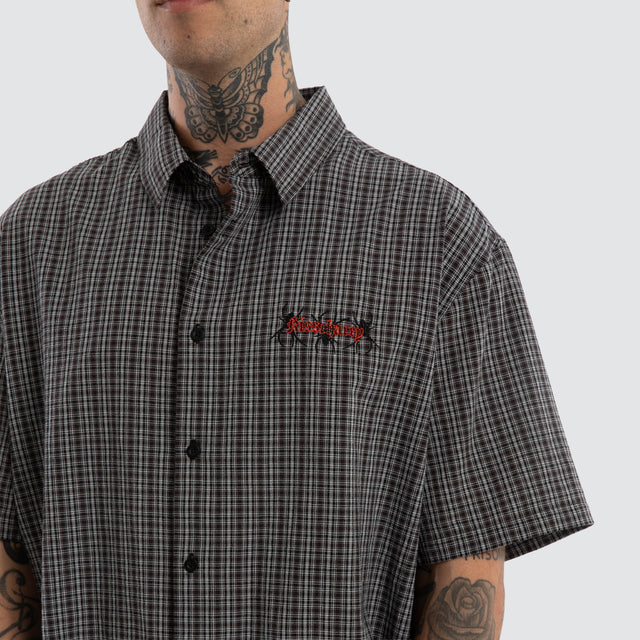 Devotion Button Up Short Sleeve Shirt Black Check