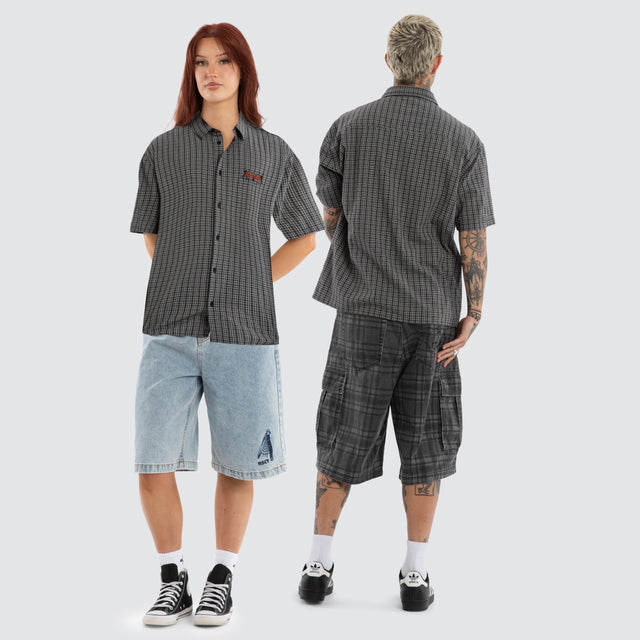 Devotion Button Up Short Sleeve Shirt Black Check