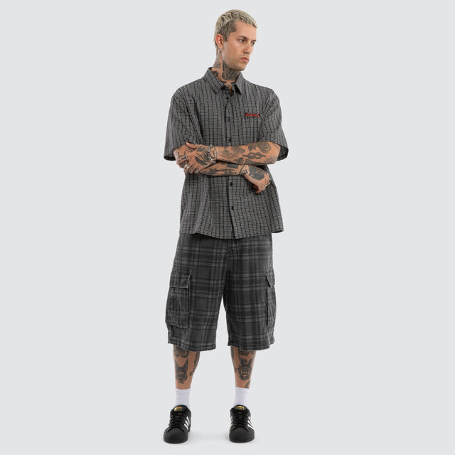 Devotion Button Up Short Sleeve Shirt Black Check
