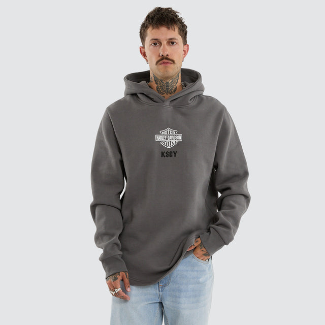 Model wears Hog Dual Curved Hoodie Charcoal Hoodies Grey – image 5