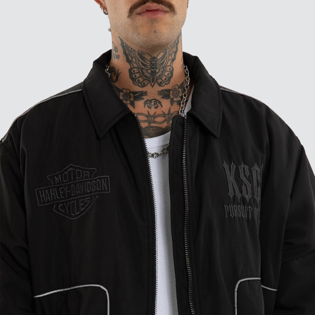 Model wears Drill Bomber Jacket Anthracite Black Jackets Black – image 3