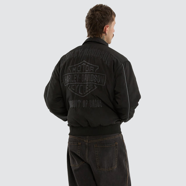 Model wears Drill Bomber Jacket Anthracite Black Jackets Black – image 5