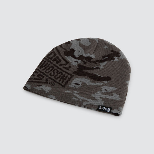 Model wears Mileage Beanie Camo Headwear Beige – image 1