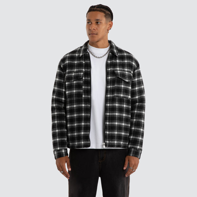 Model wears Future Relaxed Overshirt Grey Check Long Sleeve Shirts Grey – image 1