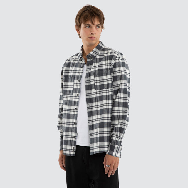 Model wears Vista Long Sleeve Shirt Grey Check Long Sleeve Shirts Grey – image 1
