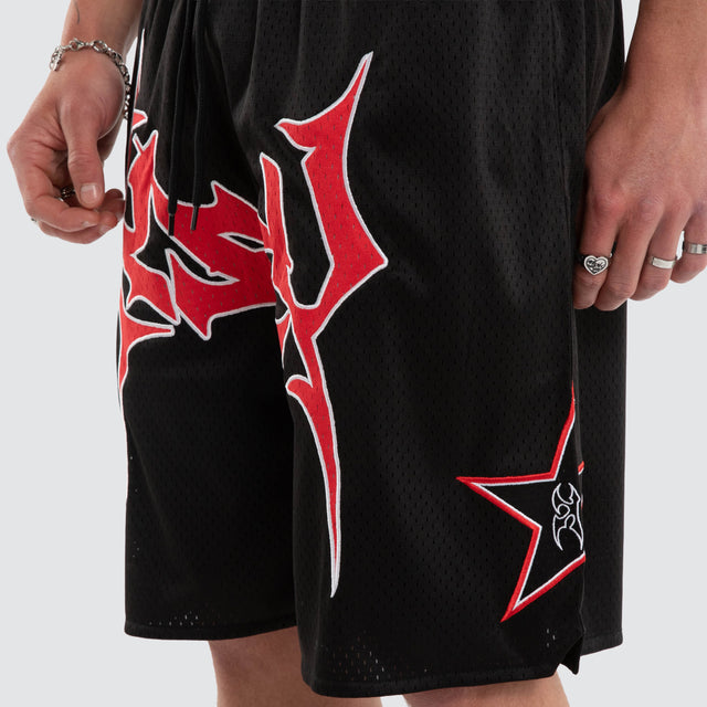 Model wears Caution Mesh Basketball Short Jet Black Shorts Black – image 4