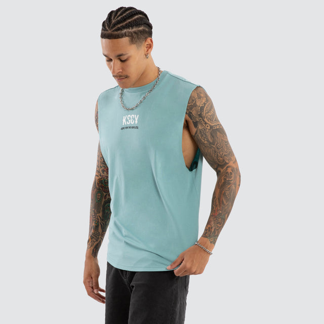 Model wears Story Dual Curved Muscle Cameo Muscle Tees Blue – image 5