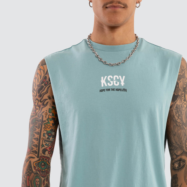 Model wears Story Dual Curved Muscle Cameo Muscle Tees Blue – image 4