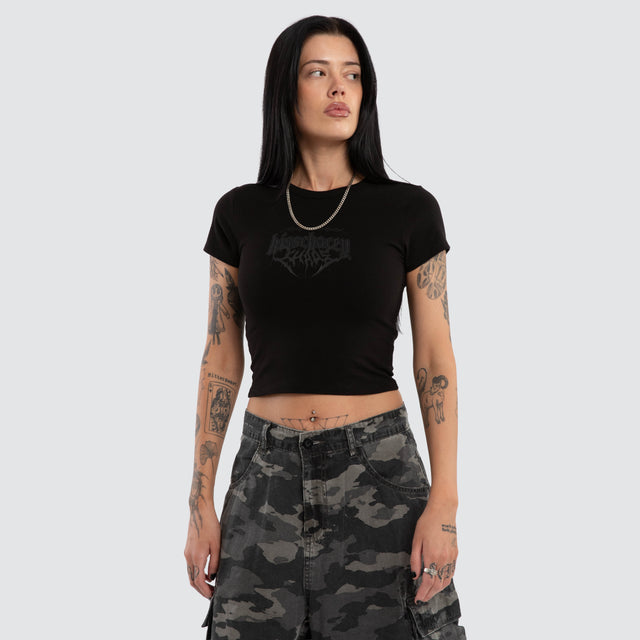 Model wears Crimson Baby Tee Jet Black T-Shirts Black – image 1