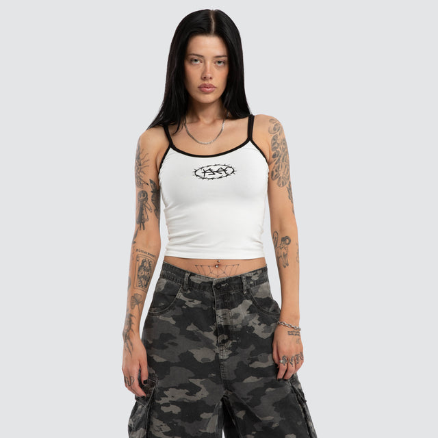 Model wears Barbed Crop Cami Natural White Cami White – image 1