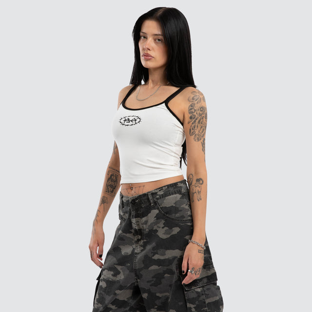 Model wears Barbed Crop Cami Natural White Cami White – image 3