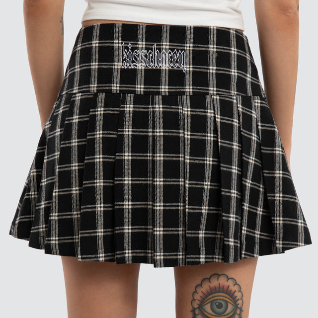 Model wears Tempest Pleated Skirt Black/White Check Skirt Black – image 5