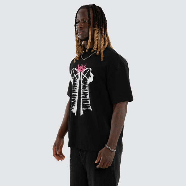 Model wears CM Punk Pipe Bomb Street Tee Jet Black T-Shirts Black – image 3