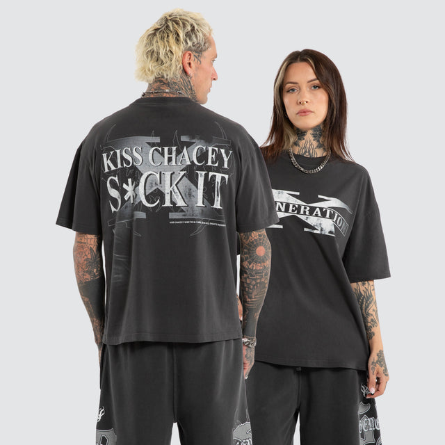 Model wears D-Gen X Suck It Street Tee Pigment Black T-Shirts Black – image 1