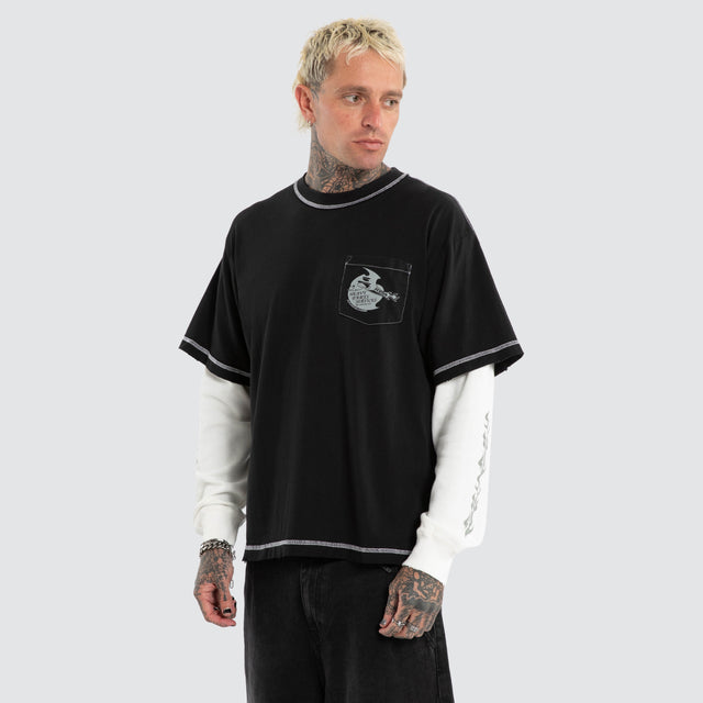 Heavy Parts Waffle Boxy Tee Stone Black