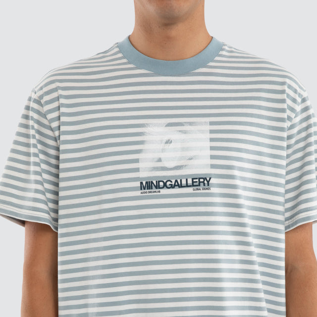 Model wears Manor Rocker Tee Nat White/ Arona Teal Stripe T-Shirts Blue – image 3