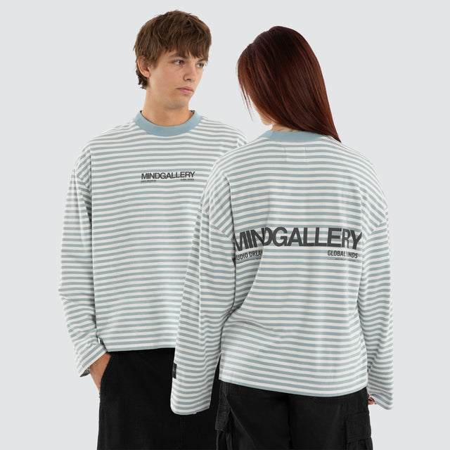 Model wears Spinning Breeze LS Tee Nat White/ Arona Teal Stripe Longsleeve T-Shirts Blue – image 1