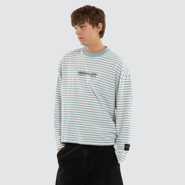 Model wears Spinning Breeze LS Tee Nat White/ Arona Teal Stripe Longsleeve T-Shirts Blue – image 5