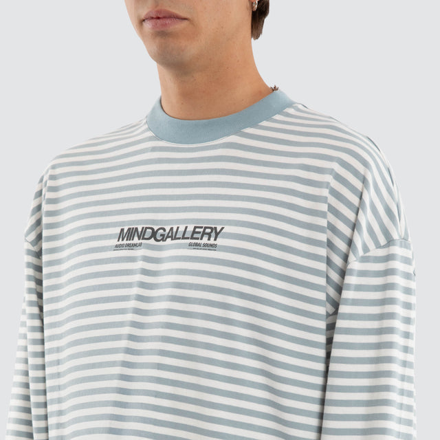 Model wears Spinning Breeze LS Tee Nat White/ Arona Teal Stripe Longsleeve T-Shirts Blue – image 4