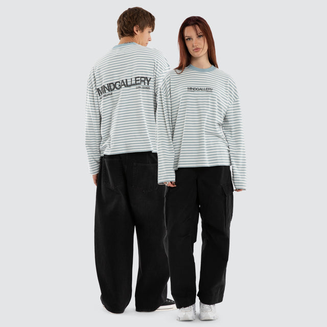 Model wears Spinning Breeze LS Tee Nat White/ Arona Teal Stripe Longsleeve T-Shirts Blue – image 2