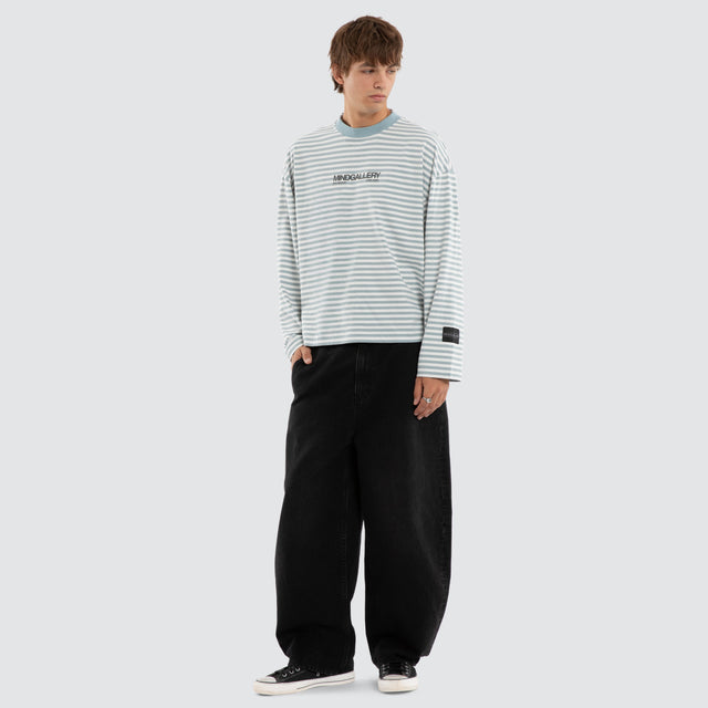 Model wears Spinning Breeze LS Tee Nat White/ Arona Teal Stripe Longsleeve T-Shirts Blue – image 3