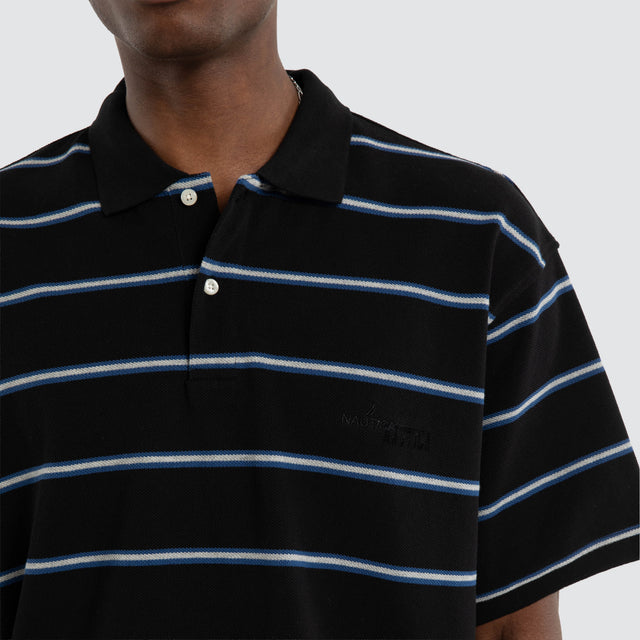 Short Sleeve Polo Shirt Striped Border Black