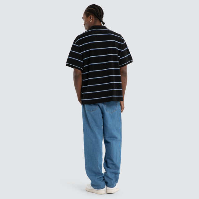 Short Sleeve Polo Shirt Striped Border Black