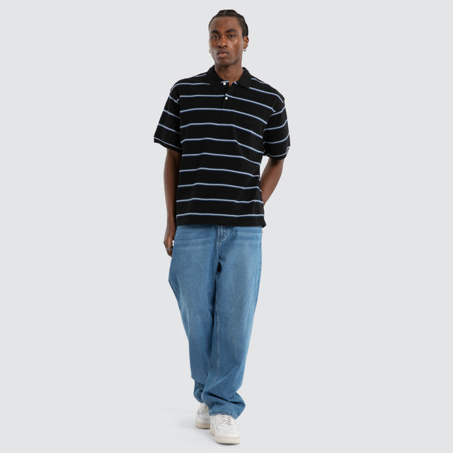 Short Sleeve Polo Shirt Striped Border Black