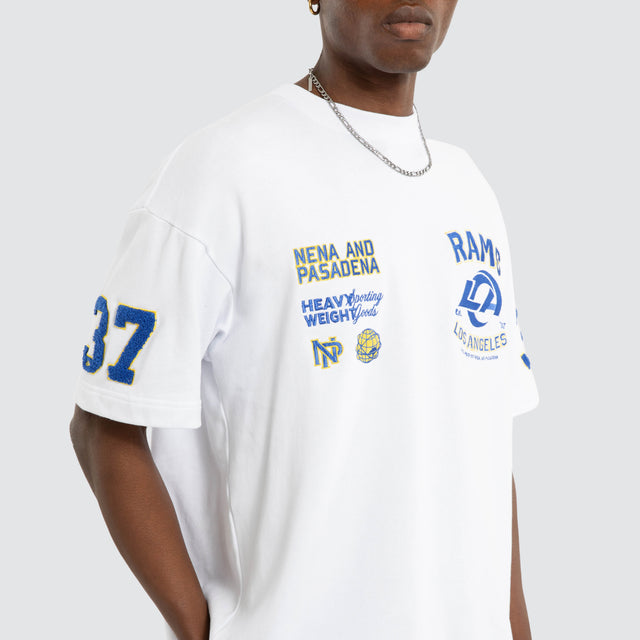 Model wears Los Angeles Rams NFL Founded Loopback Tee Optical White Nena and Pasadena NFL White – image 5