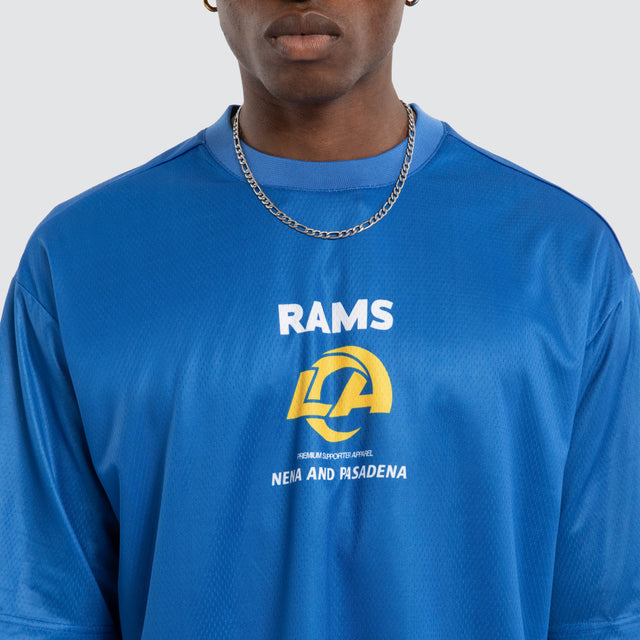 Model wears Los Angeles Rams NFL Bridge Mesh Tee Rams Royal Blue Nena and Pasadena NFL Blue – image 6