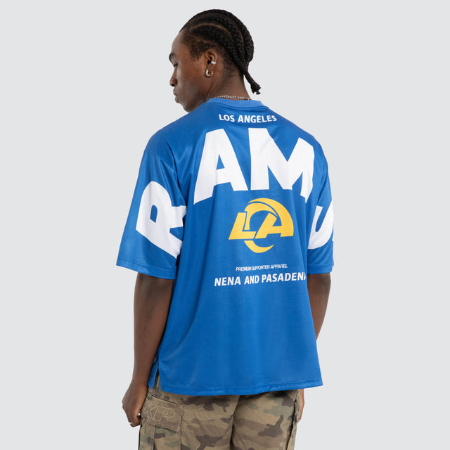 Model wears Los Angeles Rams NFL Bridge Mesh Tee Rams Royal Blue Nena and Pasadena NFL Blue – image 7