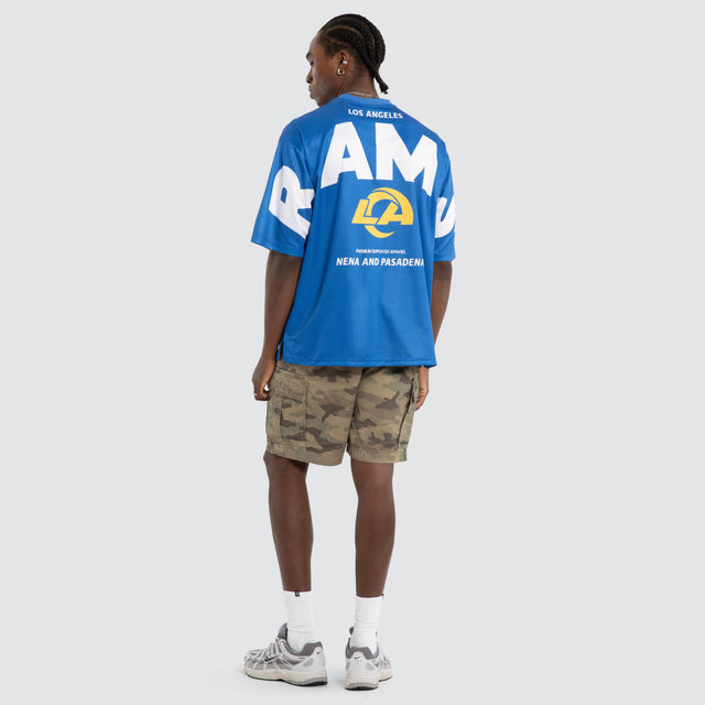 Model wears Los Angeles Rams NFL Bridge Mesh Tee Rams Royal Blue Nena and Pasadena NFL Blue – image 8